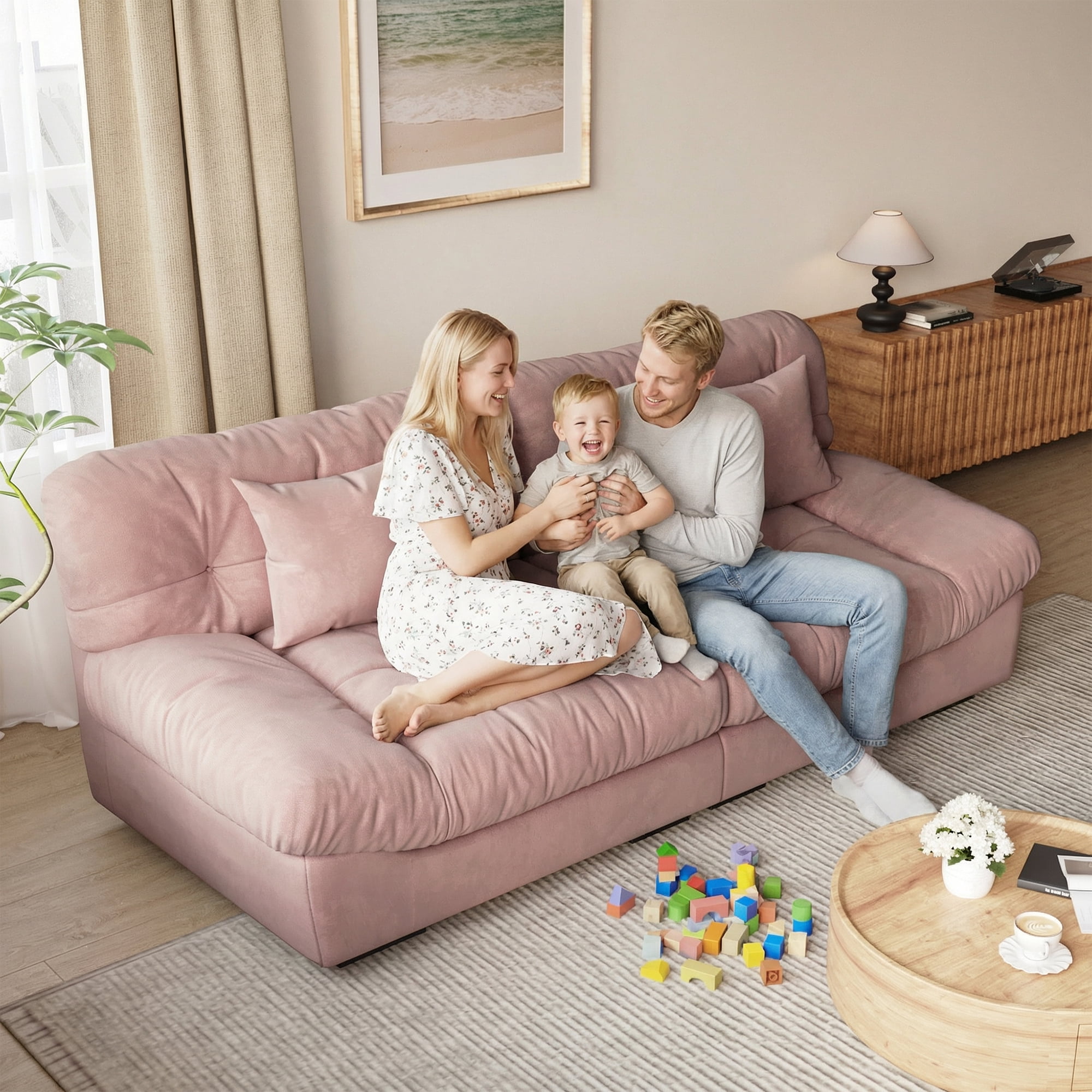 Magic Home 89" Cloud Sofa,Modern Velvet Couch,3-Seat Sofa for Living Room,Apartment and Small Space,Pink