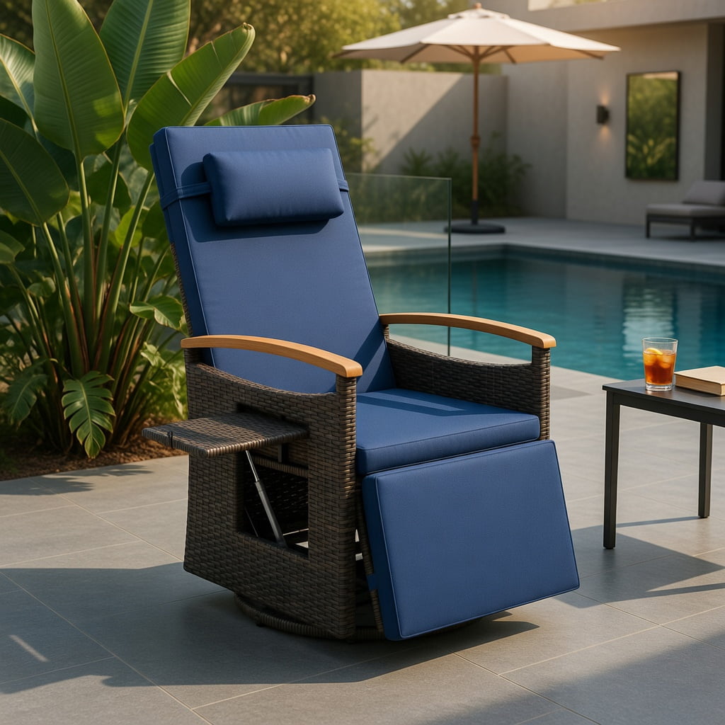 Hommoo 360° Swivel Rattan Recliner Chair with Adjustable Backrest & Footrest, Cushion, PE Wicker, Acacia Wood Frame, Outdoor Patio Lounge Chair, Navy