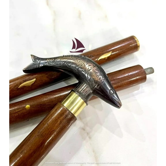 ZAIN Wooden Antique Fish Head Handle Walking Cane, Victorian