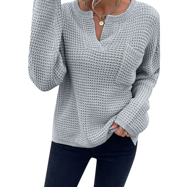 Innerwin Knitted Sweaters Long Sleeve Women Sweater Work V Neck Knitwear Pullover Light Gray M