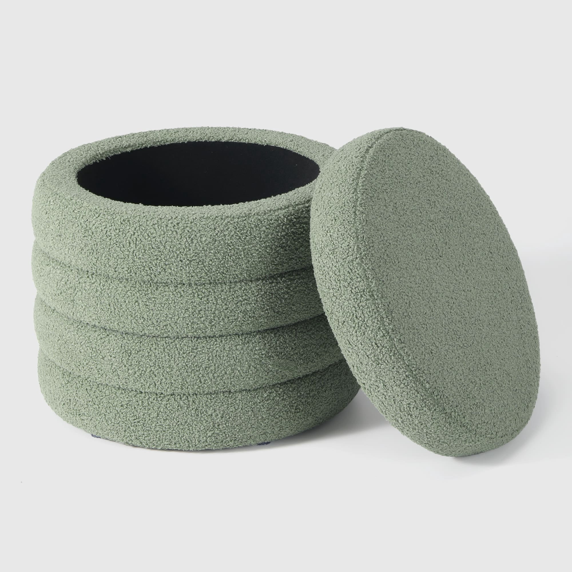 WestinTrends Alexandria Mid-Century Modern Faux Sherpa Round Storage Ottoman, Ice Green