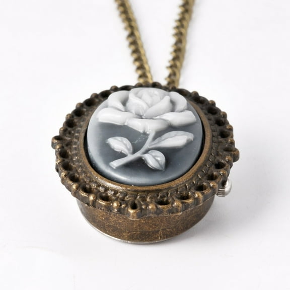 Mini Bronze Oval Pocket Watch Floral Engraved Quartz Pendant Clock Long Necklace Timepiece for Women Girls Gift