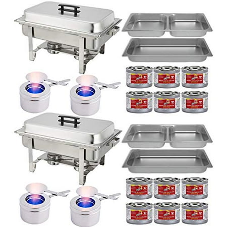 Chafing Dish Buffet Set w/Fuel — Divided pan (4qt x 2)+ Full Pan (8 qt) Water Pan + Frame + Fuel Holders + 8 Fuel Cans - Two Full Warmer kits
