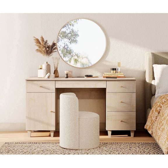 58" Wooden Vanity Desk with Drawers and Storage Cabinet, Modern Makeup Dressing Table with Charging Station for Girls, Vanity Table for Makeup Room, Natural Oak
