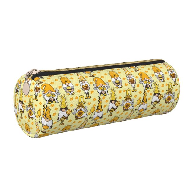 Easygdp Garden Honeybee Gnomes para Estuche de Lápices Cilíndrico de Cuero con Cremallera, Organizador de Lápices de Cuero para Escuela, Oficina y Viajes
