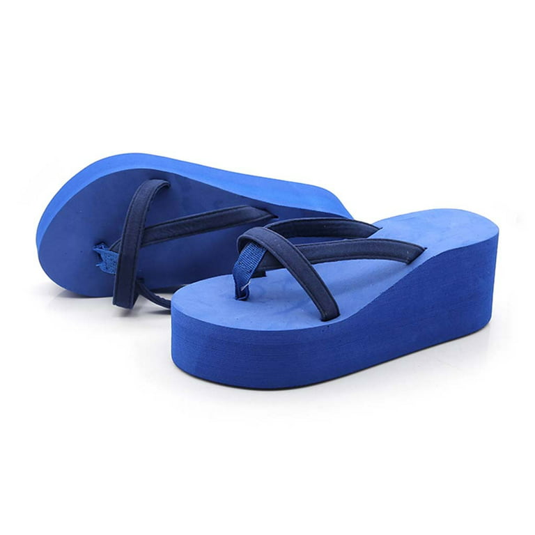 Aayomet Wedge Solid Color Beach High-Heeled Flip-Flops Sandals With  Thick-Legged Women's Women's Dressy Flip Flops for Women,Blue 8 