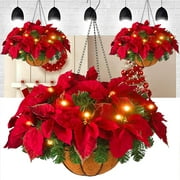Pre-lit Artificial Christmas Hanging Basket with Led String Lights,Christmas Hanging Basket with Frosted Pine Cones, Berry Clusters, White Lights, Christmas Collection for Garden Patio Lawn