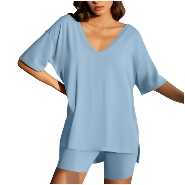 UPPADA Plus Size Casual 2 Piece Sets for Womens Summer Tracksuits Plus Size Two Piece Outfit Solid Tops and Short Sets Sky Blue,L
