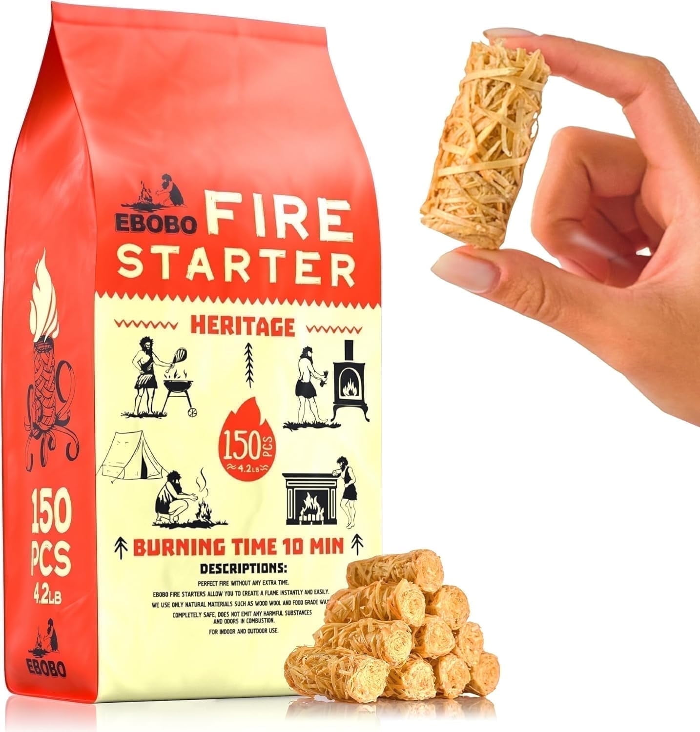 Ebobo - Natural Fire Starter, 150 Firelighters, 10 Min Burn Time