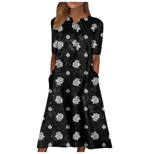 Pisexur Robe de Plage Florale pour Femmes Décontractée Col en V Ample T-Shirt Robe d'Été Manches Courtes Tunique avec Poches