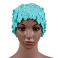 thumbnail image 2 of 3D Vintage Floral Ladies Swim Cap, Women's Petal Retro Swimming Hat Flower Bathing Cap for Long/Short Hair, Light Blue, 2 of 3