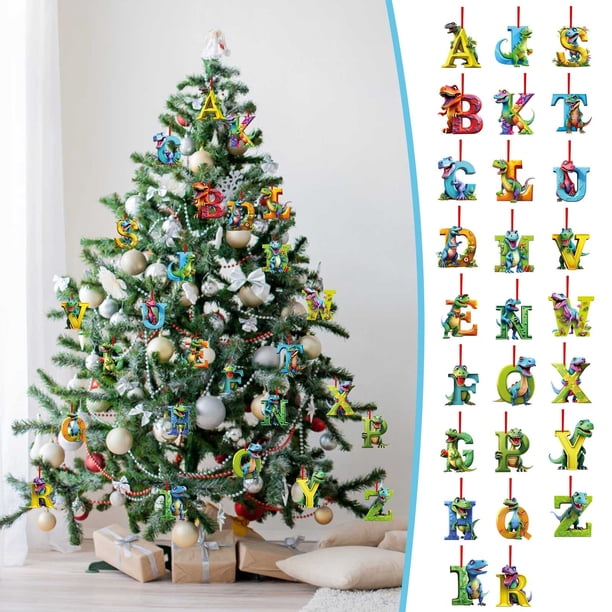 Adornos para árbol de Navidad - Colgantes de dinosaurios de 26 letras, decoraciones acrílicas para coronas, chimenea y regalos, decoración navideña reutilizable