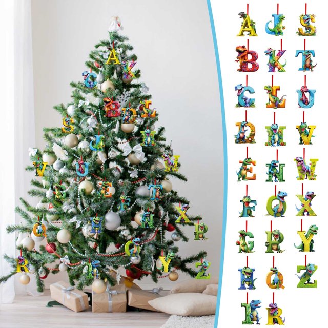 Adornos para árbol de Navidad - Colgantes de dinosaurios de 26 letras, decoraciones acrílicas para coronas, chimenea y regalos, decoración navideña reutilizable
