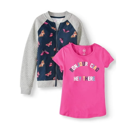Wonder Nation Knit Bomber Jacket and Graphic T-Shirt, 2-Piece (Little Girls, Big Girls & (Best Brands For Bomber Jackets)