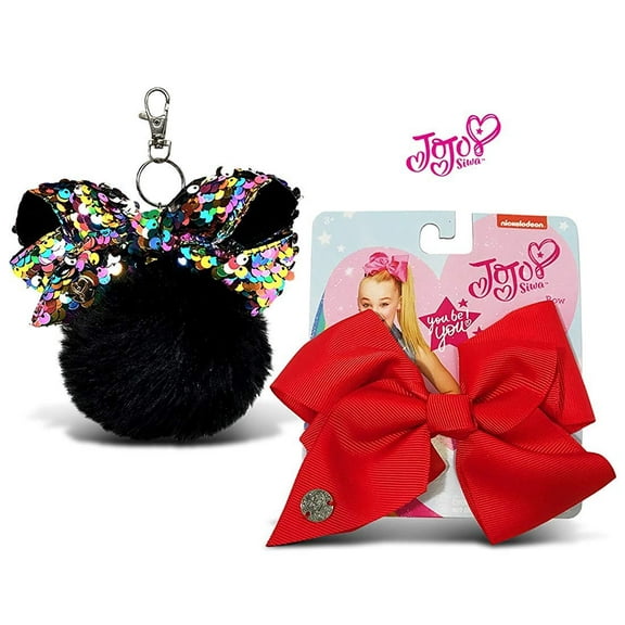 Warp Gadgets Bundle - Jojo Siwa Black Fur Ball w/ Mini Sequin Bow and Jojo Siwa Red Basic Bow On Metal Salon Clip 2 Items