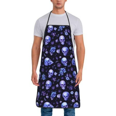 

Chef Aprons for Men and Women - Skull flower leaf purple Oil-Resistant Bib Aprons for Cooking Waterproof BBQ Grilling Kitchen Aprons Gifts for Women and Men