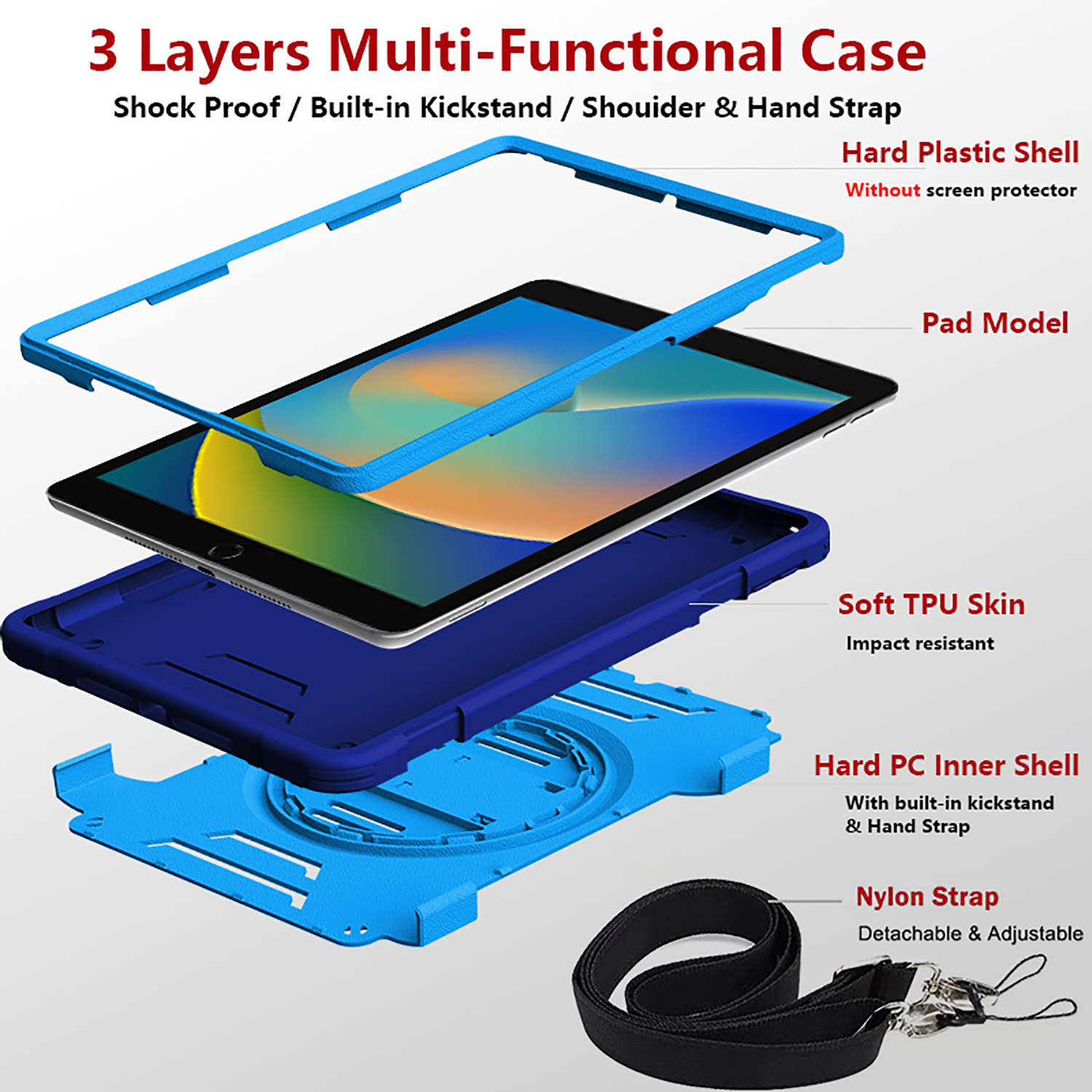 Shockproof Case for Apple iPad 9th/8th/7th Generation, with Pencil Holder Military Grade Protection Rotating Stand Hand Strap Shoulder Strap Bumper Rugged Case for iPad 10.2" 2021/2020/2019, Blue