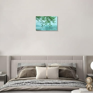 Serene Lakeside View 8x12 Wooden Framed Artwork – Tranquil Nature Scene, Misty Mountains & Green Leaves