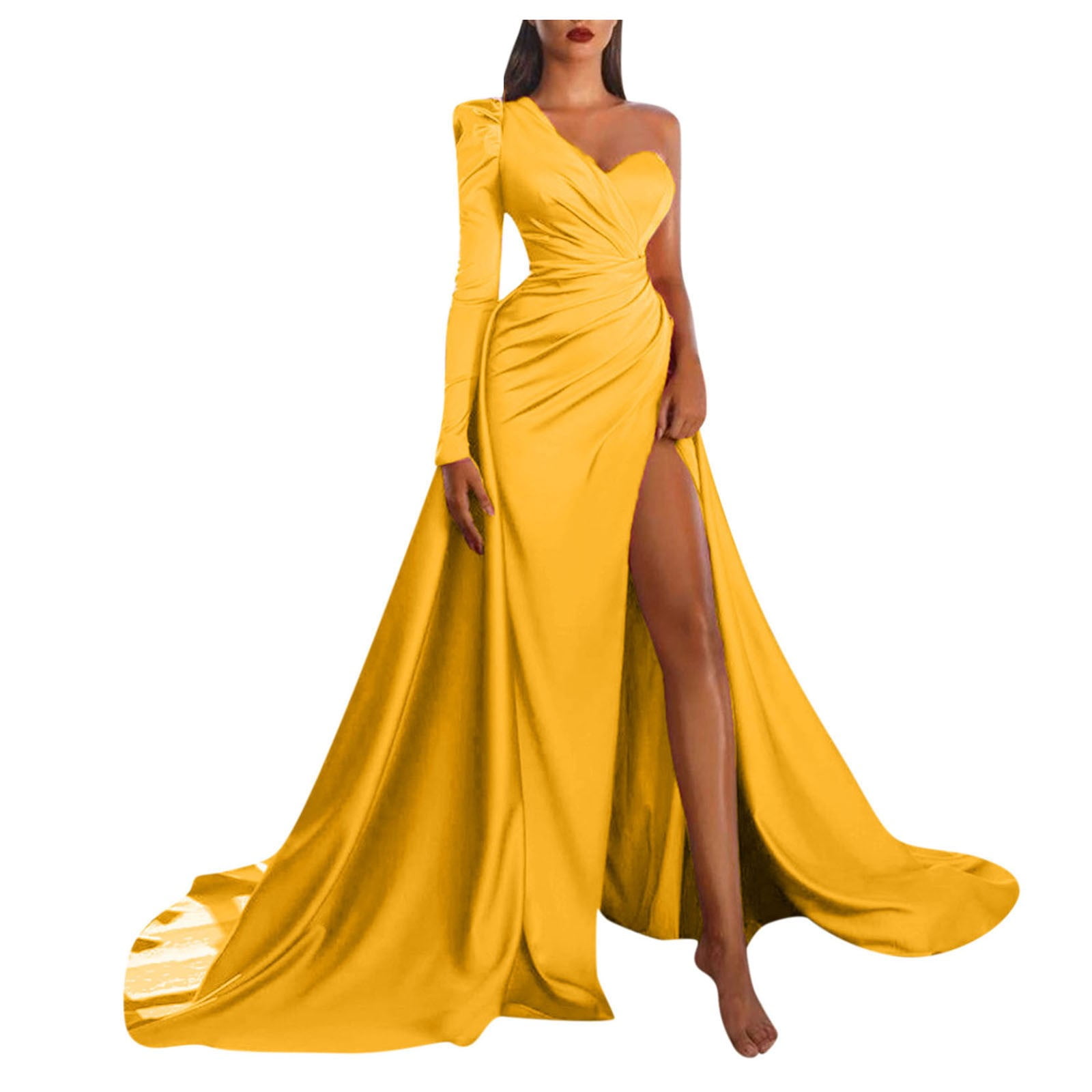Dress Women Fashion Off The Shoulder Yellow Dress Sexy Slit Evening Party  Vestido Prom Party Dresses Lady Elegant Robe Evening Dress XUXFANG (Color :  Yellow, US Size : L) : : Clothing