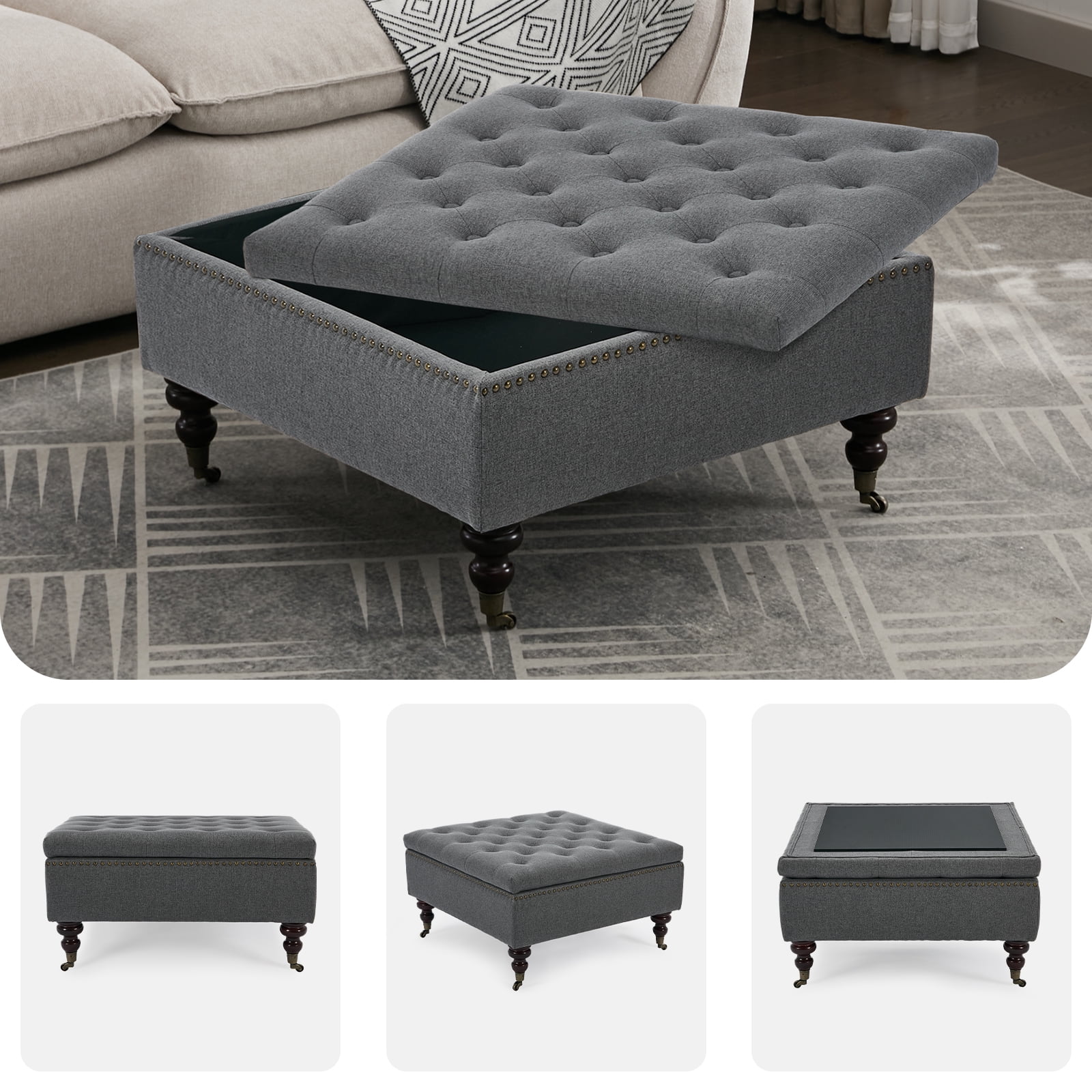 BRILHAMEZ Storage Ottoman Bench, Tufted Upholstered Seat with Hidden Storage, Multi-Functional Coffee Table and Foot Rest for Living Room, Gray