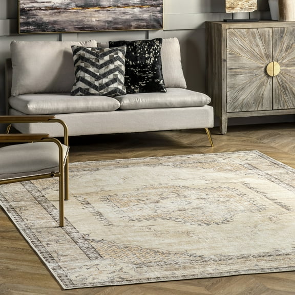 nuLOOM Glenda Machine Washable Faded Medallion Area Rug, 7' x 9', Light Grey