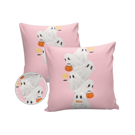 Pack of 2 Outdoor Pillow Covers, Halloween Ghost Pumpkin Pink Waterproof Square Throw Pillowcase Cushion Decorative Pillow Covers for Couch Patio Tent, 16x16 in