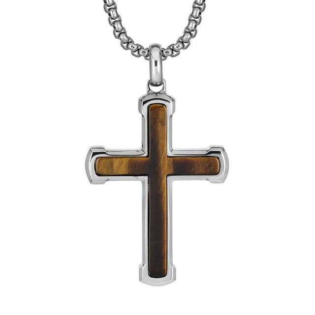 Men's Stainless Steel Inlay Cross Pendant 24"