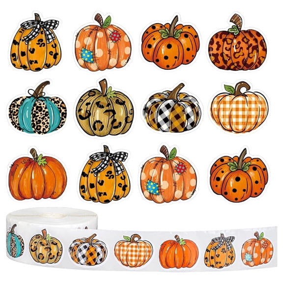500Pcs Fall Pumpkin Stickers Roll Autumn Hand-Painted Pumpkin Paper Decals 9 Designs Self-Adhesive Stickers for Thanksgiving Farmhouse Envelope Scrapbook