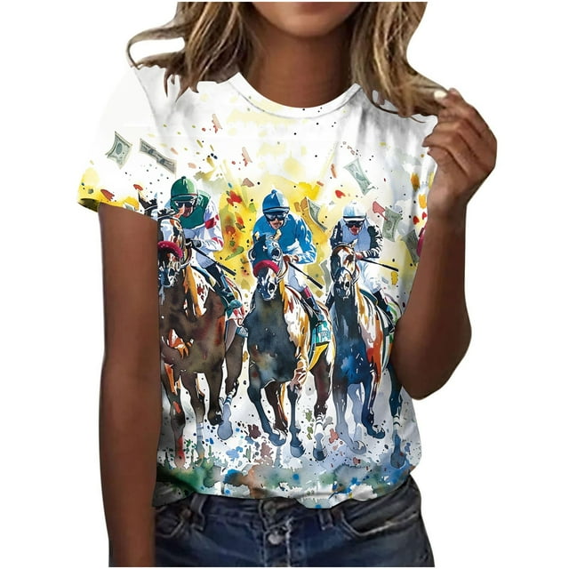 Tops de Cuello Redondo para las Mujeres, Nuevo Suéter de Manga Corta, Caballo Casual Impreso Top Camiseta
