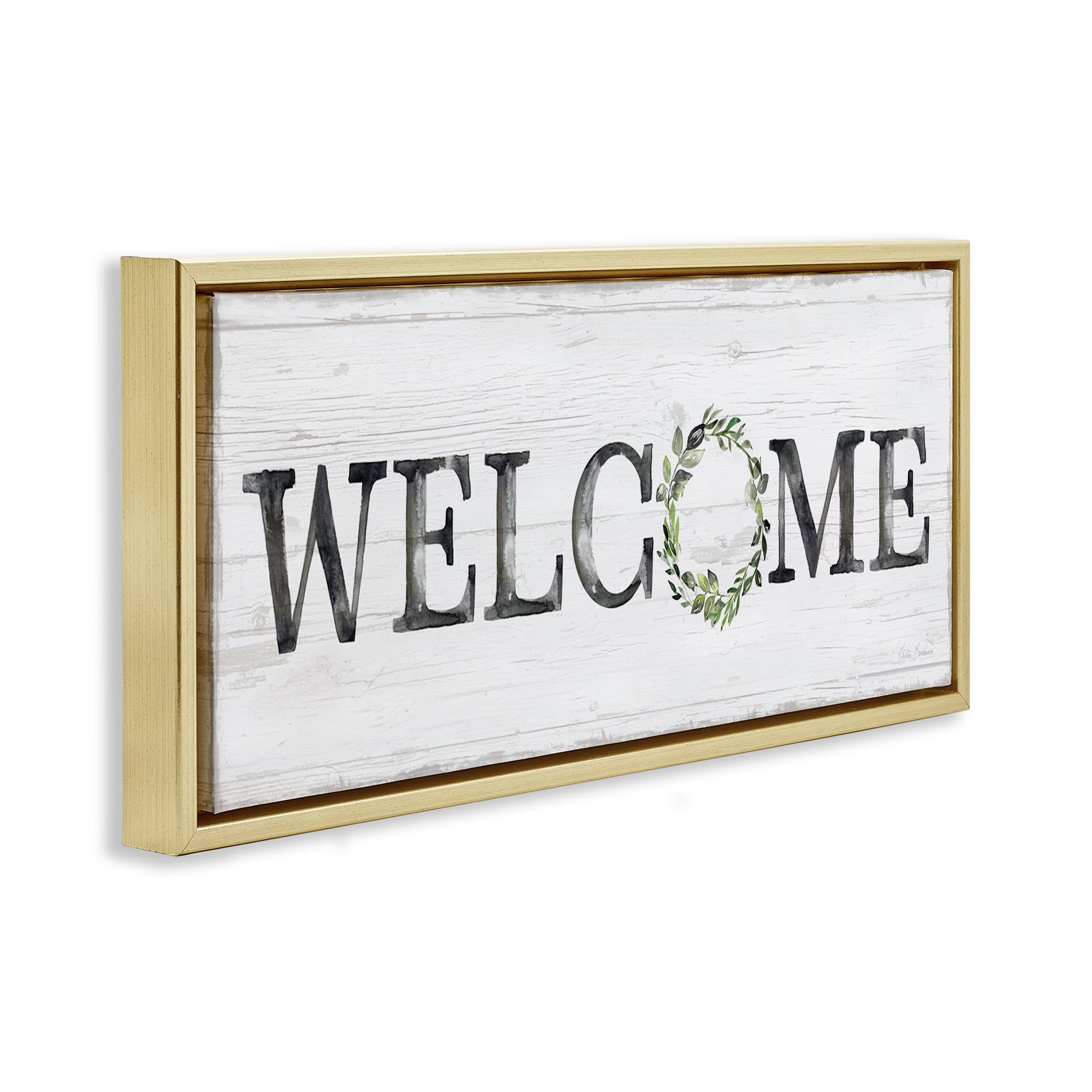Stupell Industries Welcome with Floral Wreath Text & Numbers Painting Gold Floater Framed Canvas Art Print Wall Art, 25 x 11
