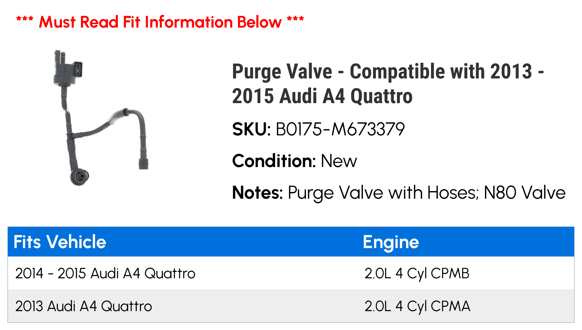 Purge Valve - Compatible with 2013 - 2015 Audi A4 Quattro 2014