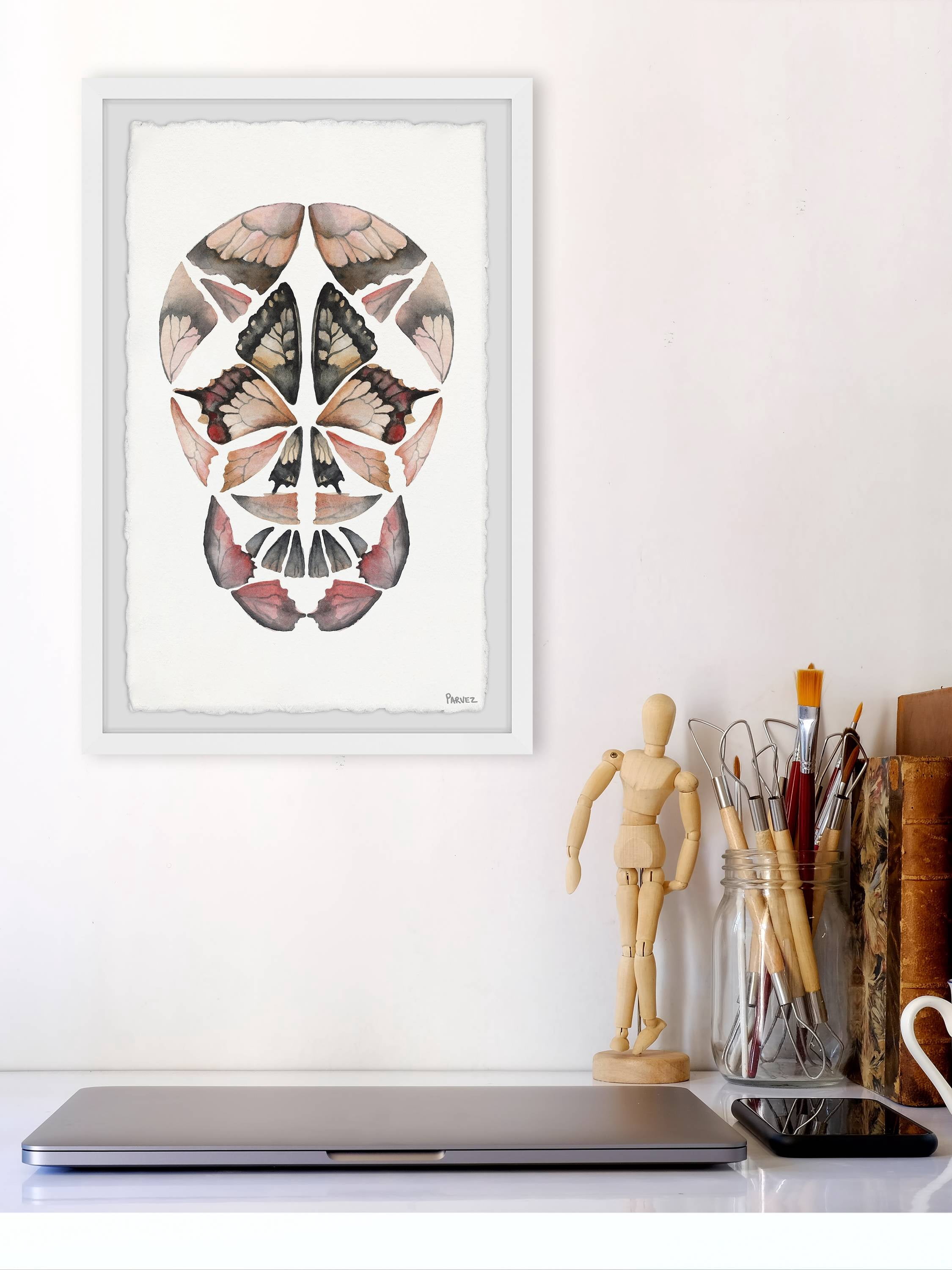 Parvez Taj "Kaleidoscope Butterfly Skull" Framed Painting Print