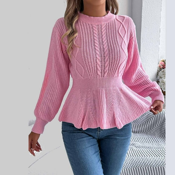 gbyLJF Womens Knitted Sweaters Casual Long Sleeve Round Neck Pullover Blouse Solid Color Waist-cinching Ruffled Sweater