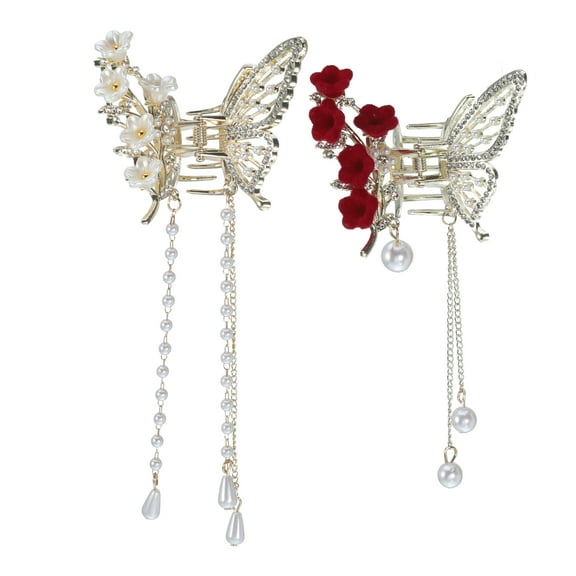 Unique Bargains 2pcs Hair Clip Classic Flower Butterfly Tassel Hair Clip Elegant Cute Hair Accessories for Women 4.33"
