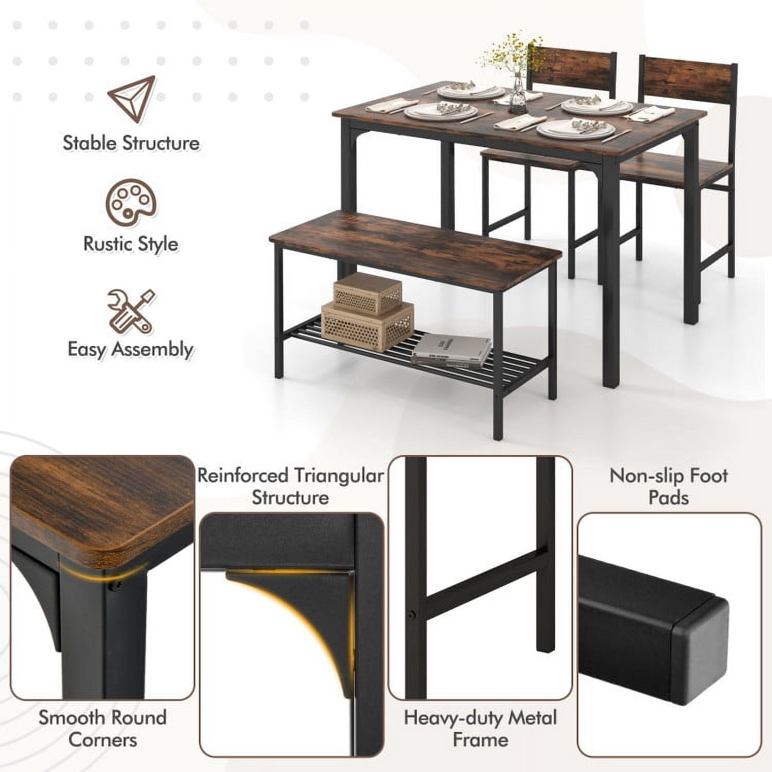 Demi Bonn Dining Set, Dining Table Set, 4 Pieces Rustic Dining Table Set with 2 Chairs and Bench, for Home, Restaurant, Rustic Brown