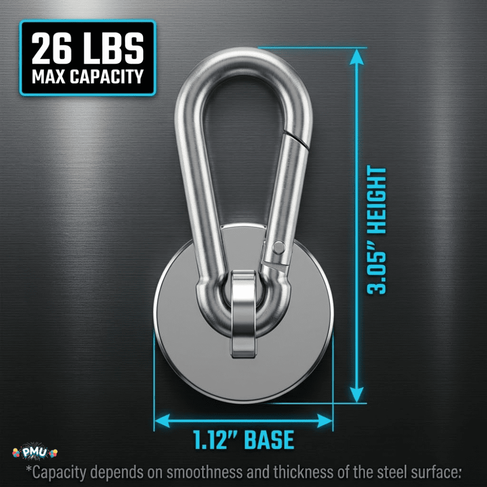 PMU 24 Pcs Strong Magnetic Hook with Swivel Carabiner Clip – Heavy Duty Magnet Hook Holds Up to 26 Lbs for Locker, Cruise Cabin, Home, Office, Refrigerator & Garage Use
