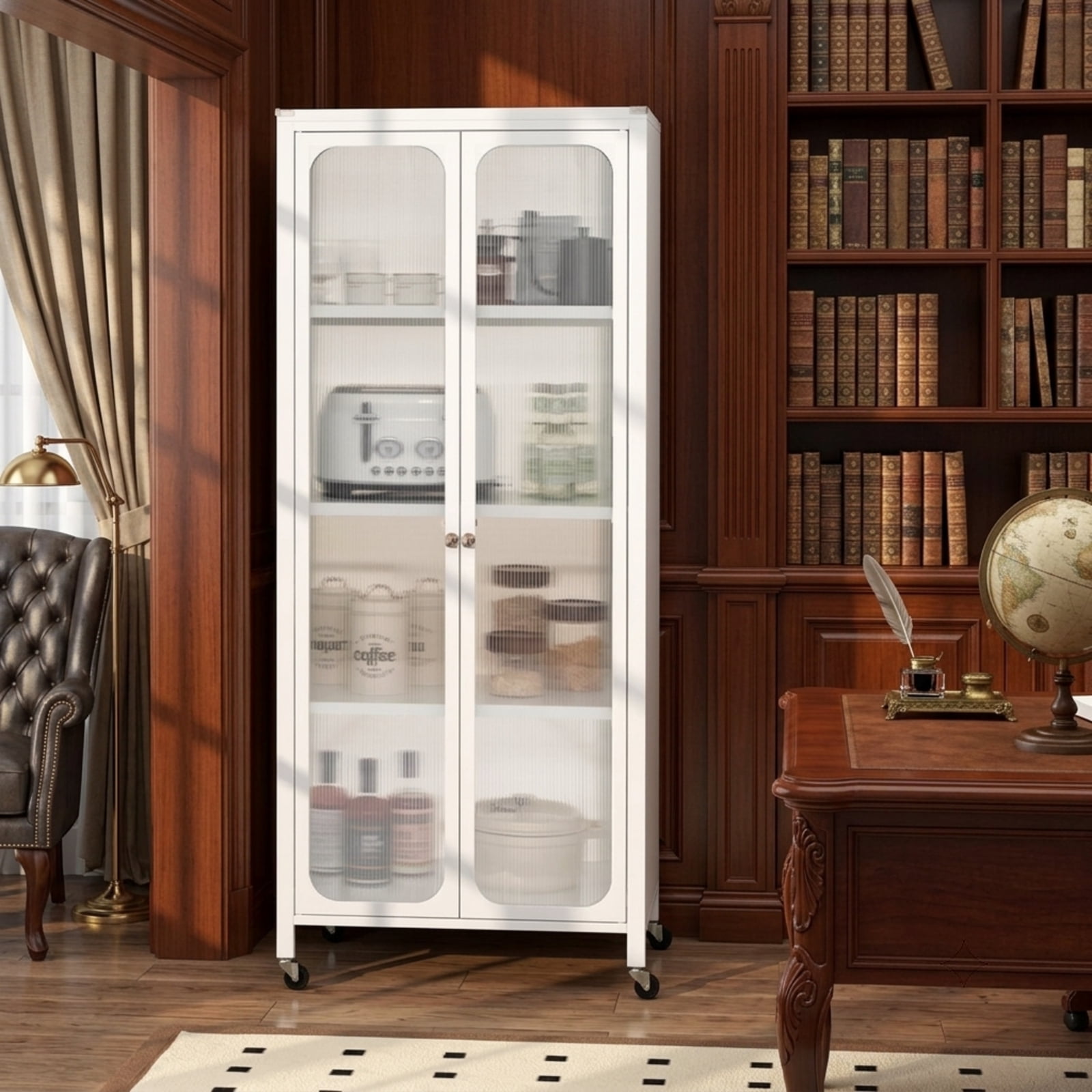 Furnibear Rolling Storage Cabinet with Doors Adjustable Shelves and Wheels Tall Metal Pantry for Kitchen Bathroom and Living Room, White