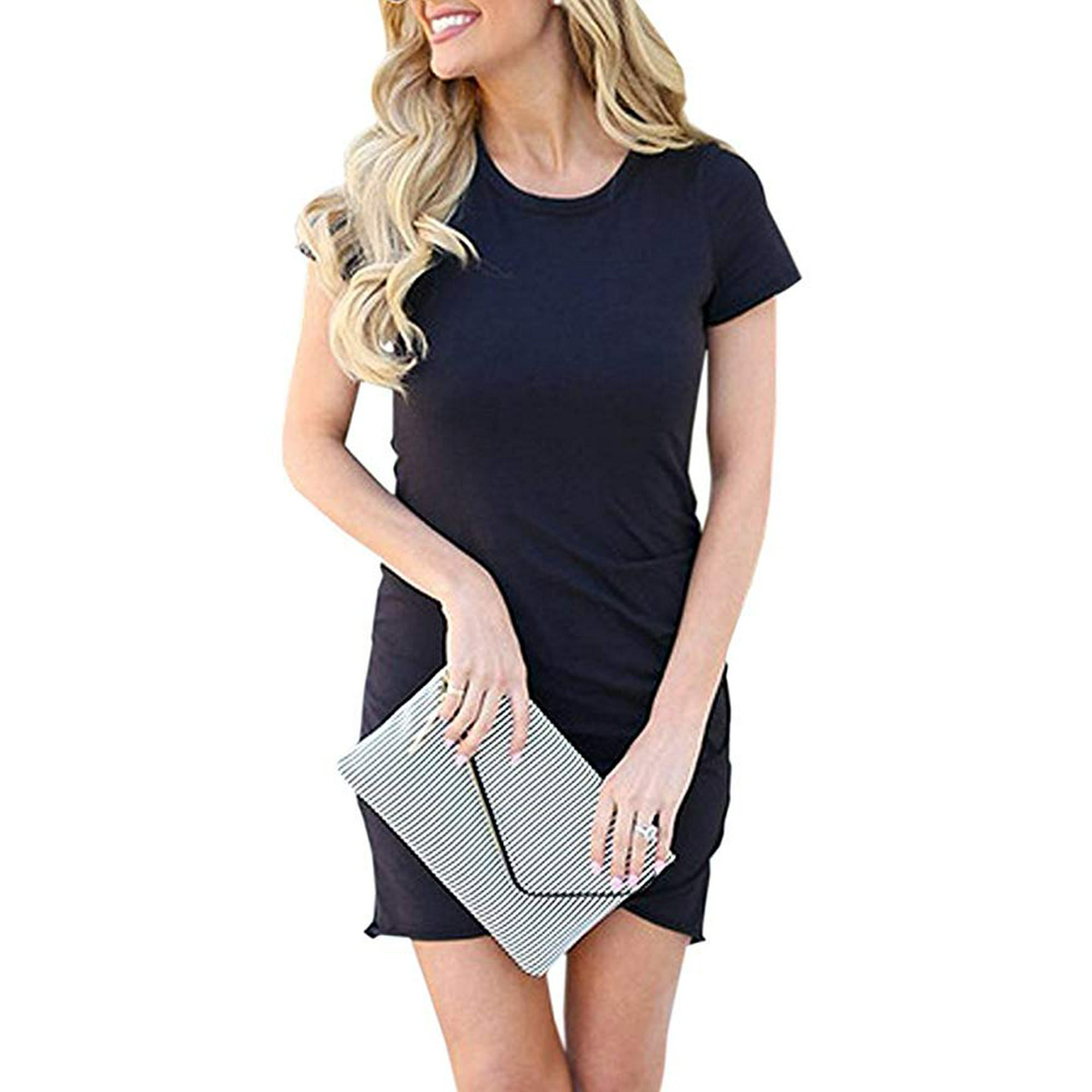Womens Short Sleeve Sheath Dress Solid Color Irregular Hem Summer Bodycon  Mini Dress | Walmart Canada
