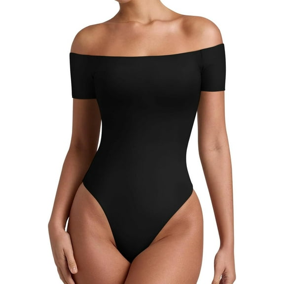 SMZ Women Sexy Off The Shoulder Short Sleeve Backless Basic Double Lined Thong Bodysuit Tops