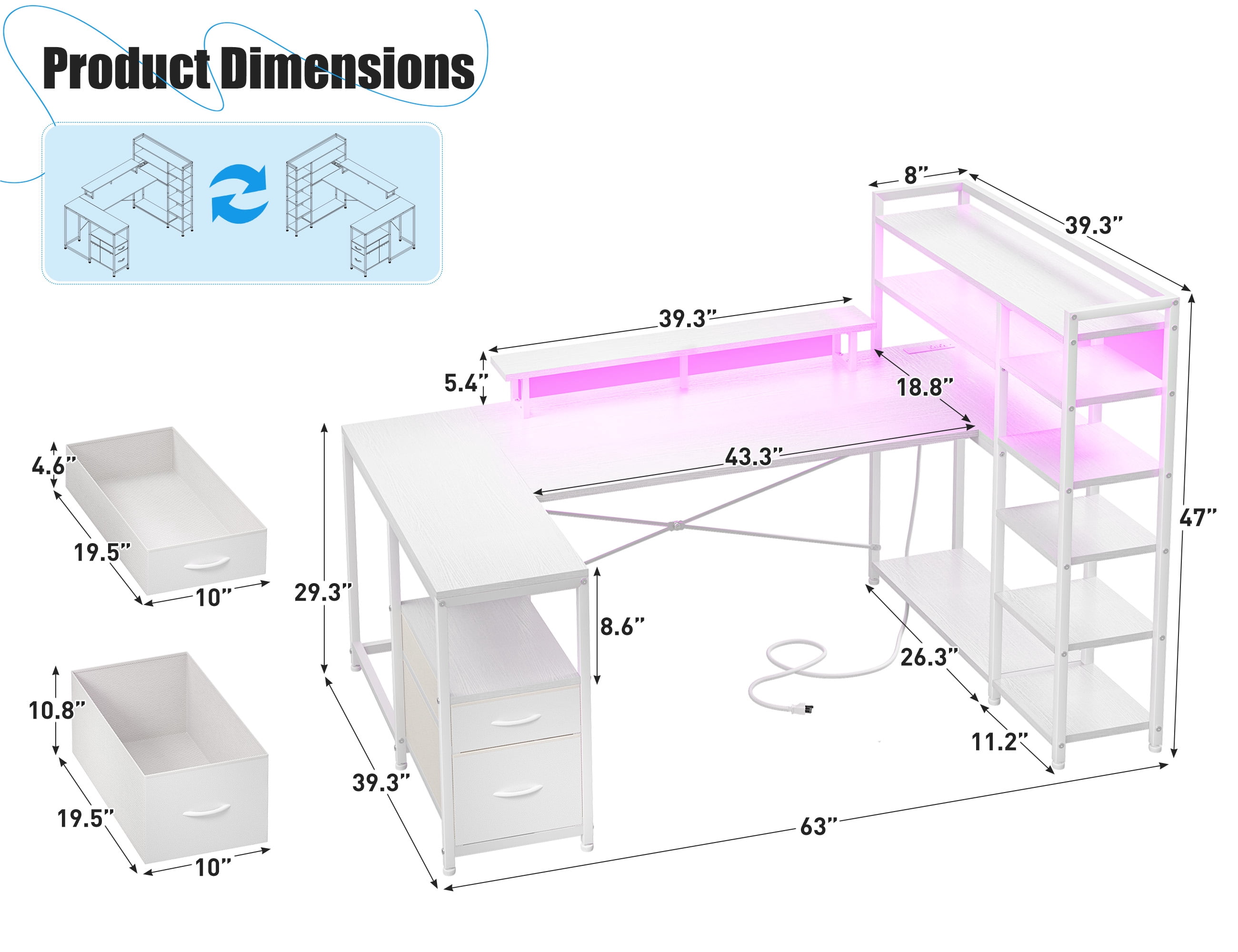 Romorgniz 63 inch U-Shaped Gaming Desk with Power Outlet & LED Lights, 6-Tier Storage Shelves & 2 Fabric Drawers, Reversible Computer Desk for Home Office, White