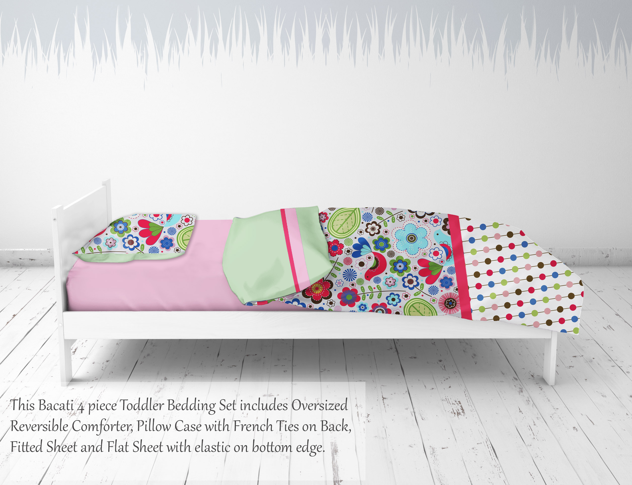 Bacati - Botanical Multi 4-Piece Toddler Bedding set 100% Cotton percale, Pink