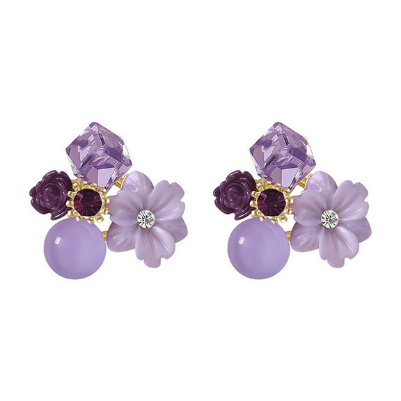 Grandest Birch 1 Pair Exquisite Charming Women Earrings Gift Rhinestone Purple Flower Stud Earrings Jewelry Accessory Alloy Purple