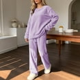 thumbnail image 4 of ABSUYY Womens Oversized 2 Piece Ribbed Fleece Loungewear Set Crew Neck Long Sleeve Straight Leg Pants Purple,Size Free Size, 4 of 5