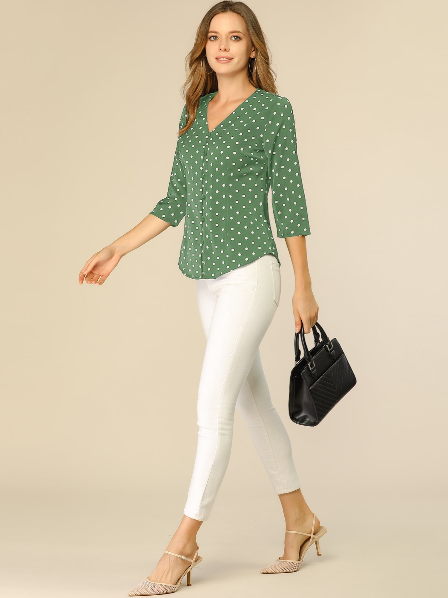 DARING DIVA Women's Polka Dots 3/4 Sleeve Button Front V Neck Blouse 2XL Olive Green