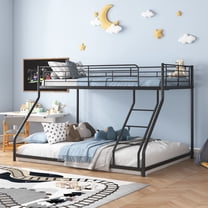 PAPROOS Bunk Bed Twin XL Over Queen, Low Bunk Bed for Kids, Metal Bunk Bed Frame with Ladder, Guard Rails, Loft Bed for Bedroom, No Box Spring Needed, Black