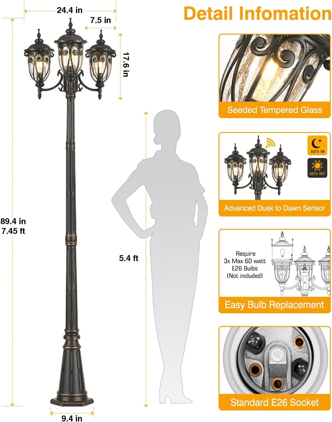 VIANIS Outdoor Post Lights,Lamp Posts Outdoor Lighting Lantern, 3-Head Oil Rubbed Bronze Waterproof Street Light Sconce, Vintage Light Posts for Outside with Seed Glass