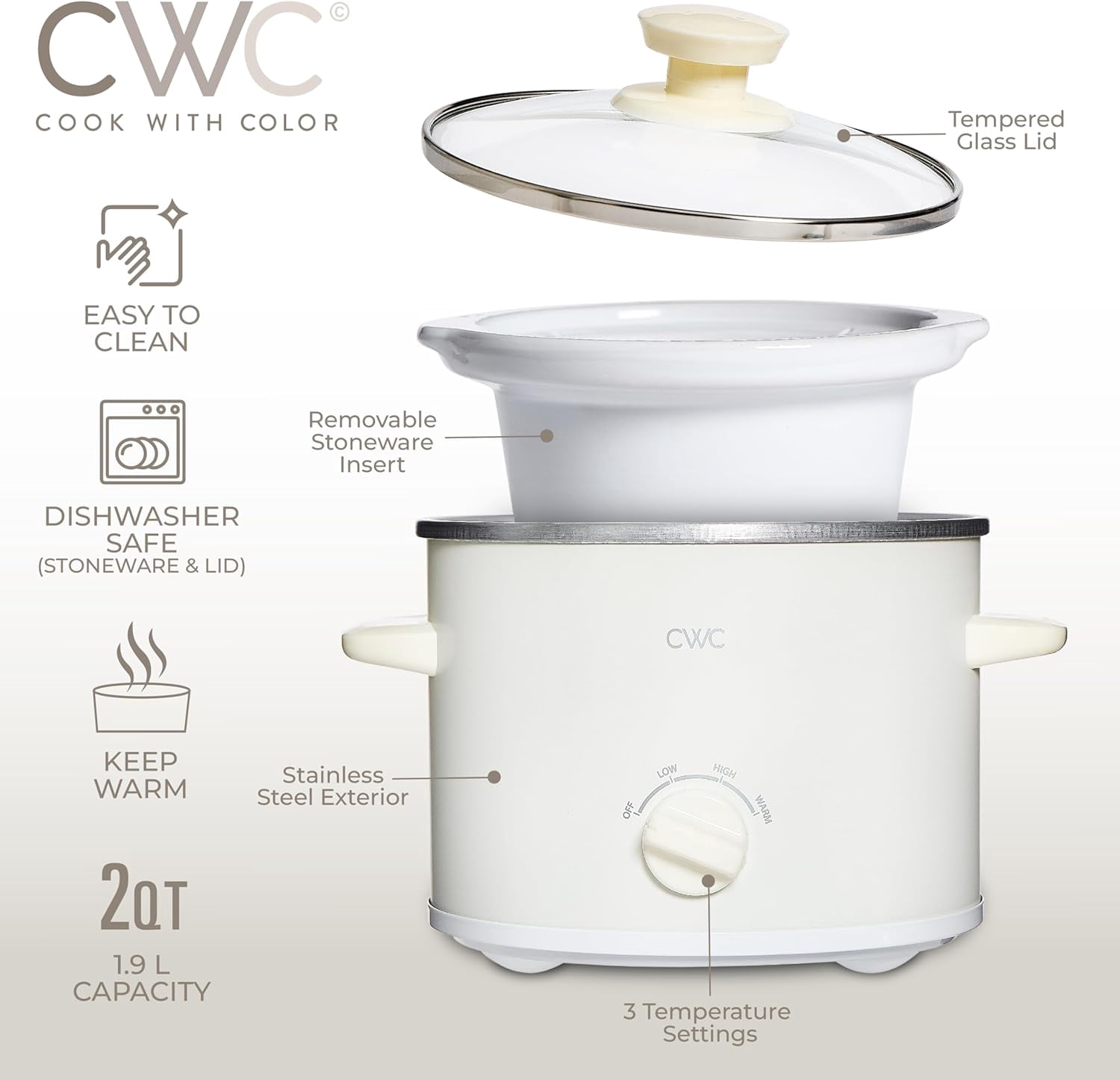 COOK WITH COLOR Slow Cooker, Crock Pot, 2-Quart Removable Stoneware Mini Crock Pot, Cream