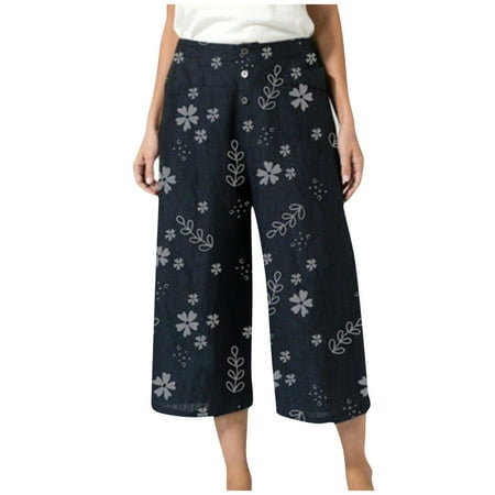 Capri Pants for Women Summer Floral Printed High Waist Button Wide Leg ...