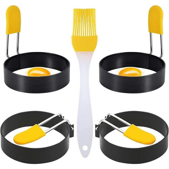 Egg Rings, 4 Pack of Nonstick Metal Pancake Cooker Egg Shaper Molds with Silicone Oil Brush, Kitchen Breakfast Cooking Tool for Frying, Shaping Fried Eggs, McMuffin, Omelette(Round)