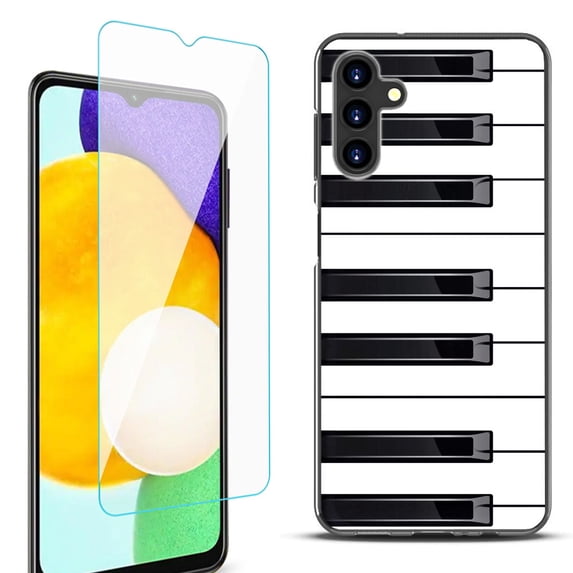 Slim-Fit Protective Fashion Phone Case (Black) for Samsung Galaxy A13 5G, with Tempered Glass Screen Protector, by OneToughShield ® - Piano Design